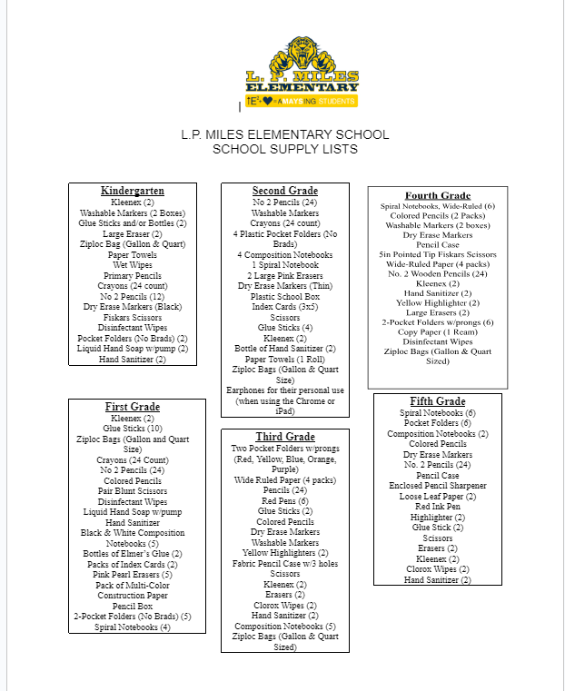  School Supply List